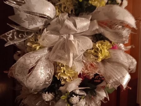 SOLD- One of a kind Handmade Wreath- White, Silver, Yellow on Sale