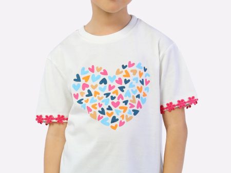 White Heart Printed Girls T-Shirt For Discount