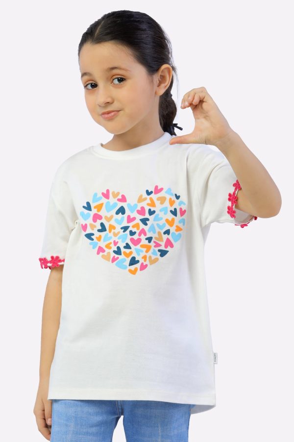 White Heart Printed Girls T-Shirt For Discount