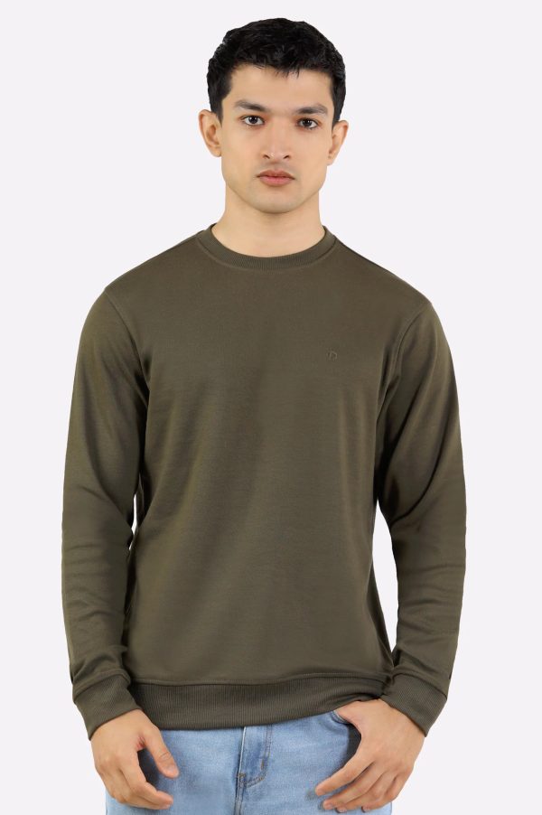 Olive Plain Round Neck Sweatshirt Online