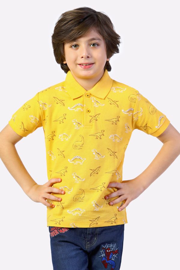 Mustard Dino Print Polo For Cheap