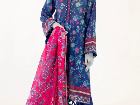 Navy Blue 3PC Unstitched Printed Suit For Sale