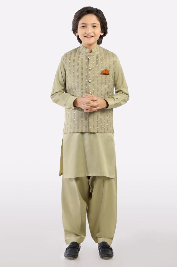 Fawn Boys Kameez Shalwar with Waistcoat on Sale