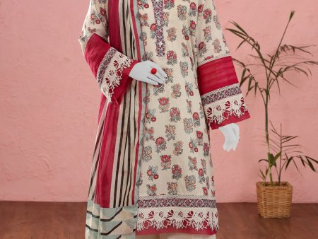 Cream Printed Unstitched Kurti With Dupatta on Sale