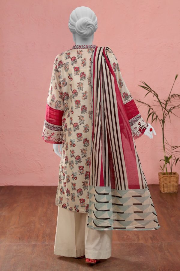 Cream Printed Unstitched Kurti With Dupatta on Sale