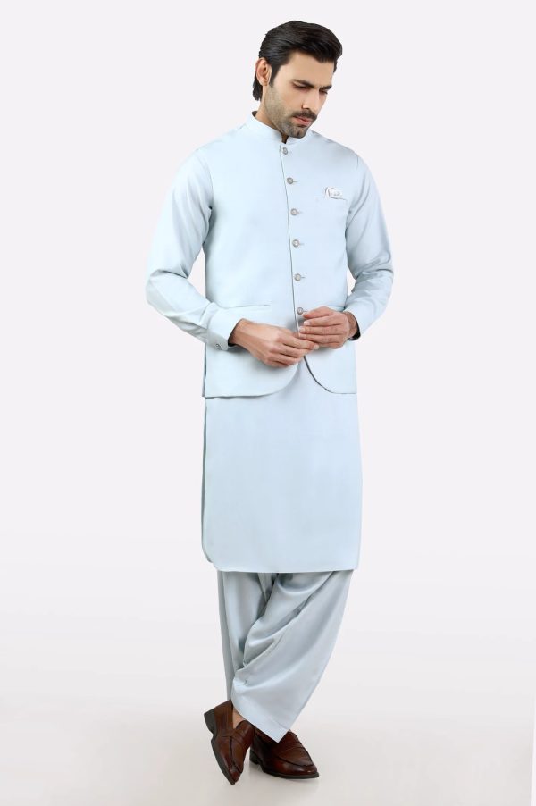 Light Blue Shalwar Kameez with Waistcoat Cheap