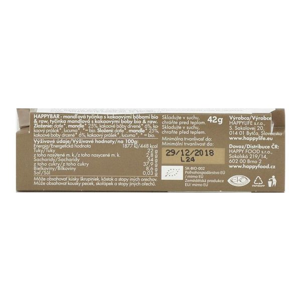 Baton raw cu migdale si cacao nibs Happy Life, bio, 42 g Sale