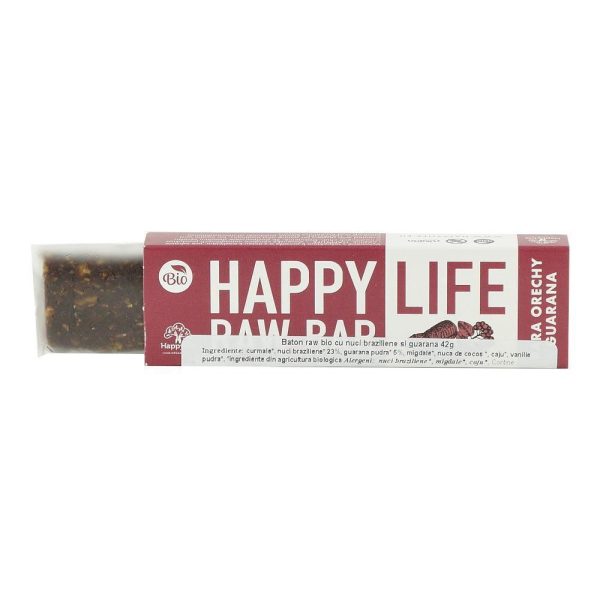 Baton raw cu nuci braziliene si guarana Happy Life, bio, 42 g on Sale