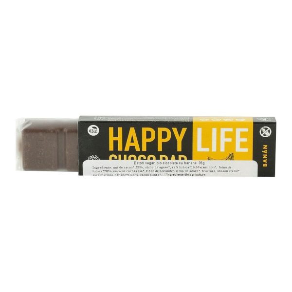 Baton vegan din ciocolata cu banane Happy Life, bio, 35 g on Sale