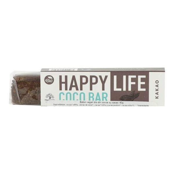 Baton vegan din cocos cu cacao Happy Life, bio, 40 g Online Sale