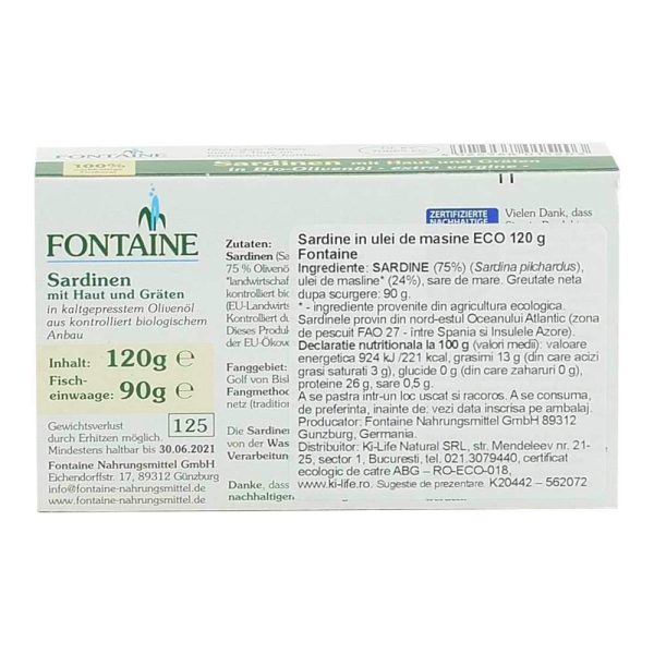 Sardine in ulei bio de masline Fontaine, 120 g, conserva de peste Online